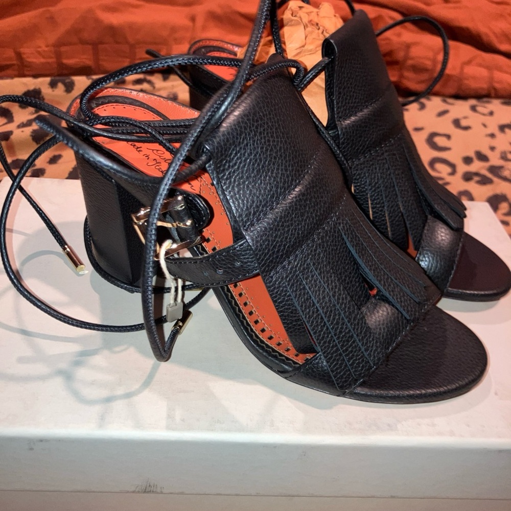 Santoni Black Leather Fringe Sandals